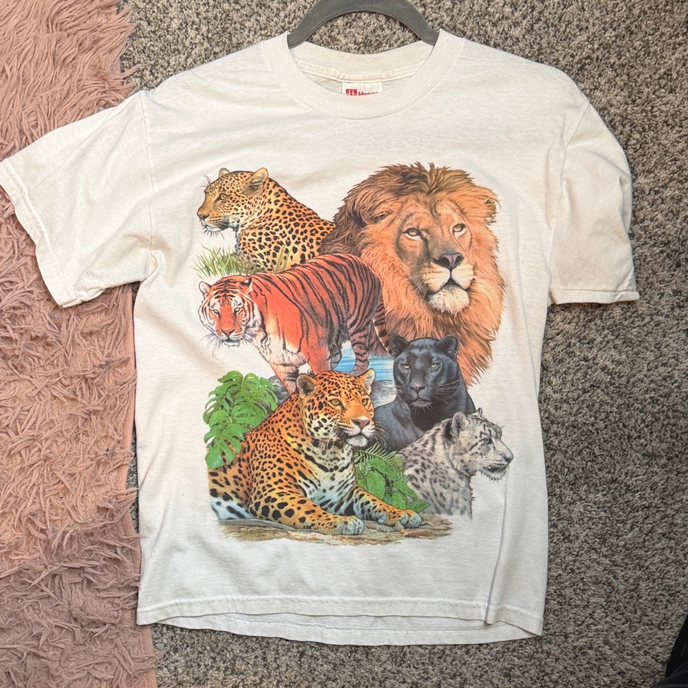 Hanes White Short Sleeve Tee with Wild Animal Print